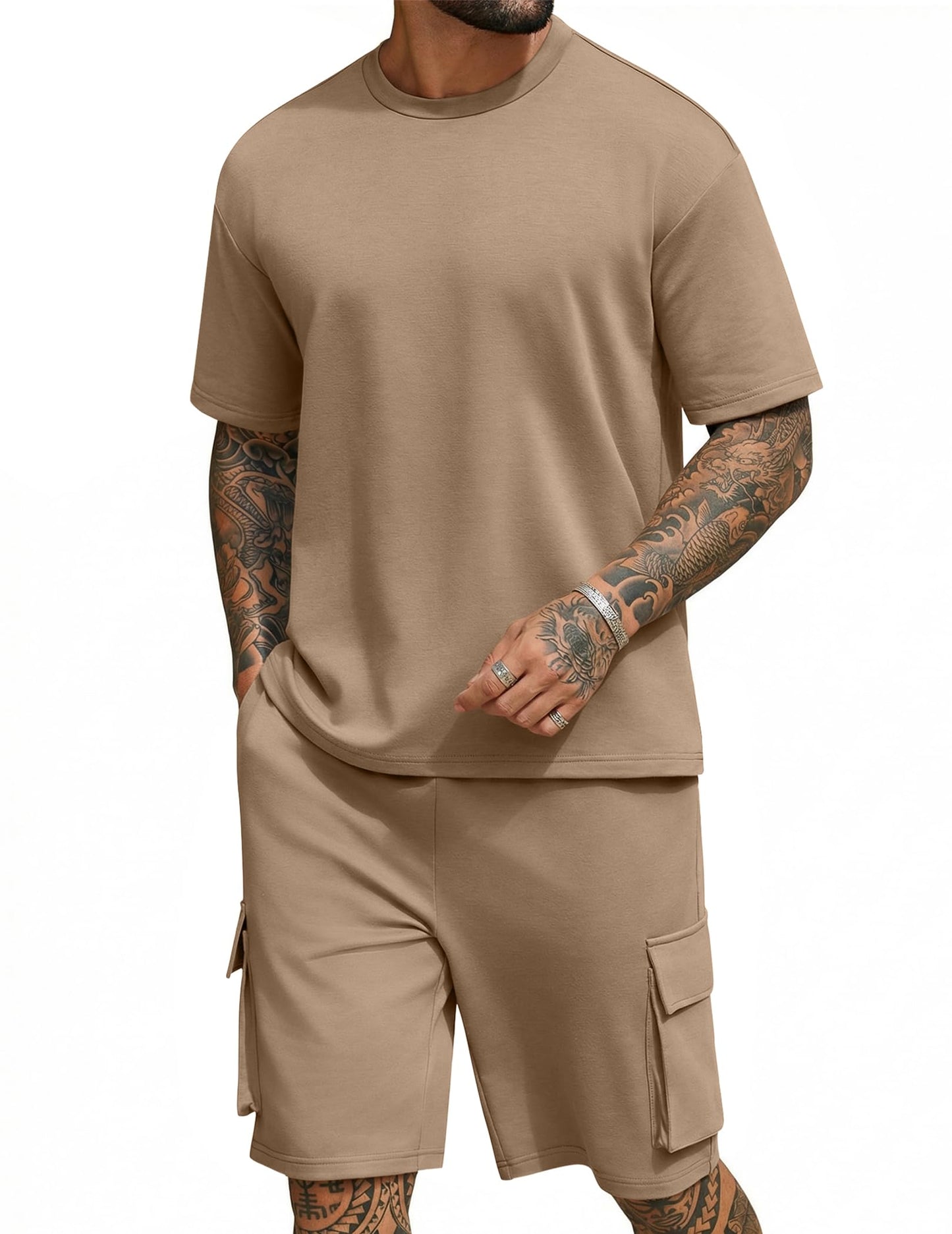 COOFANDY Men's Shirt and Shorts Set 2 Piece Fashion Summer Tracksuits Cotton Oversized T-Shirts Cargo Shorts Outfits