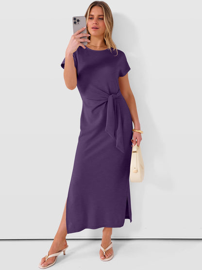 ANRABESS Womens Summer Maxi Dress Casual Crew Neck Tie Waist Split Wrinkle-Free Fit Long Fashion Vacation Dresses 2026 Spring
