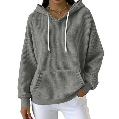 Women Casual Waffle Grid Textured Pullover Hoodie Contrast Drawstring Pocket Loose Long Sleeve Sweatshirts
