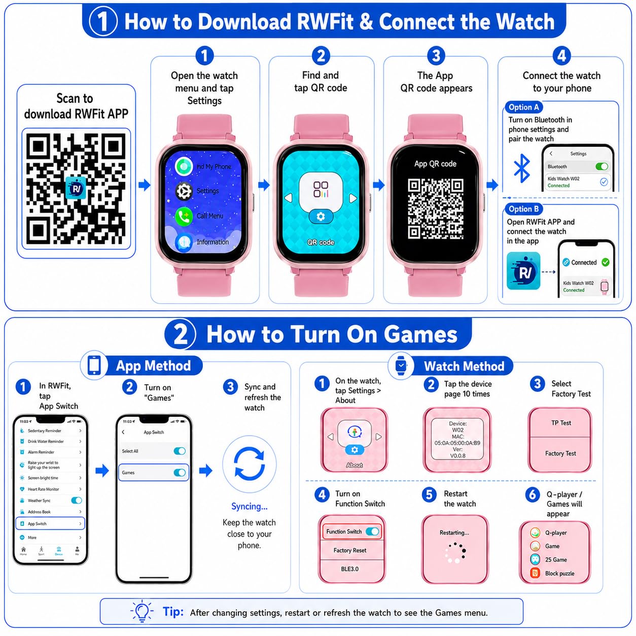 Kids Smart Watch 4-15 Ys, Standalone&APP Dual Use, Bluetooth Call, Kid Gift | 1.8'' IP68 Boys Girls Fitness Tracker, DIY Sports Modes, Heart Rate&Sleep Monitor, 13 Alarms, Weather, Smart Reminder, Games