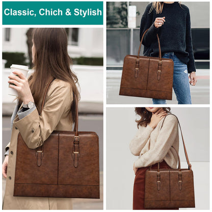 Laptop Bag for Women 15.6 Inch Leather Work Tote Briefcase Business Computer Shoulder Bag Large Capacity Waterproof Office Messenger Handbag Professional Teacher Nurse Carryall