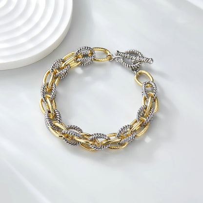 Mytys Chunky Chain Link Bracelet Two-Tone Mixed Metal Textured Toggle Clasp Statement Bangle Bracelet Jewelry for Women Fashion