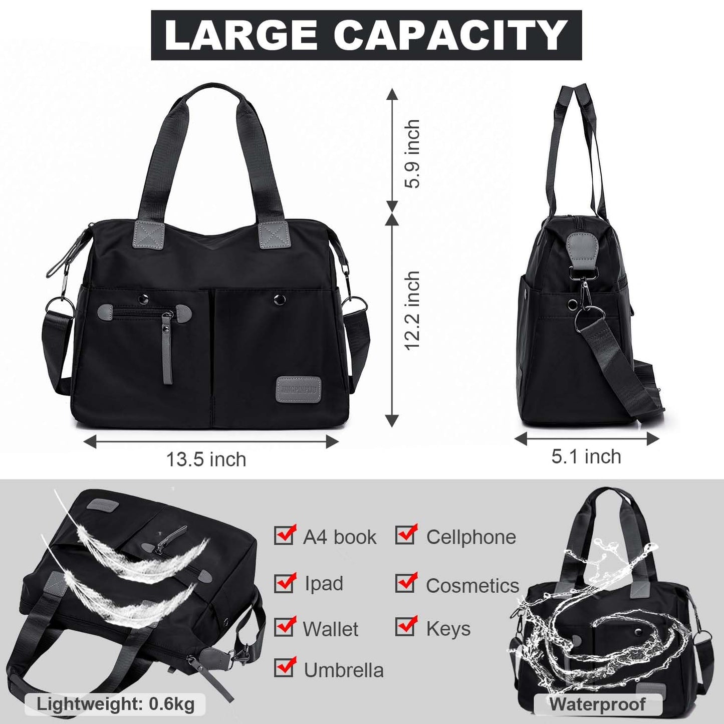 Tote Bag for Women,Multi Pockets Shoulder Handbag,Nurse Bag for Work,Large Cross body Purse,Fashion Nylon Top Handle Satchel