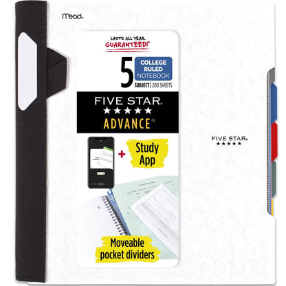 Five Star Advance Spiral Notebook + Study App, 5 Subject, College Ruled Paper, 8-1/2" x 11", 200 Sheets, Spiral Guard, Movable Tabbed Dividers, Black (73144)