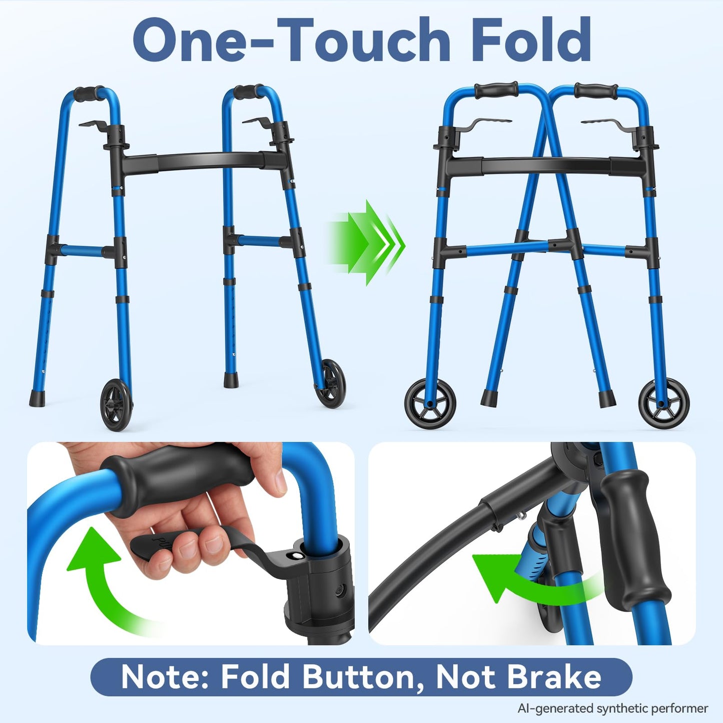 Loyoda Folding Walker with 2 Skis and 5" Wheels, Lightweight Walkers for Seniors and Adults, Supports Up to 350 Pounds, Adjustable Height, Compact Standard Walker, Black