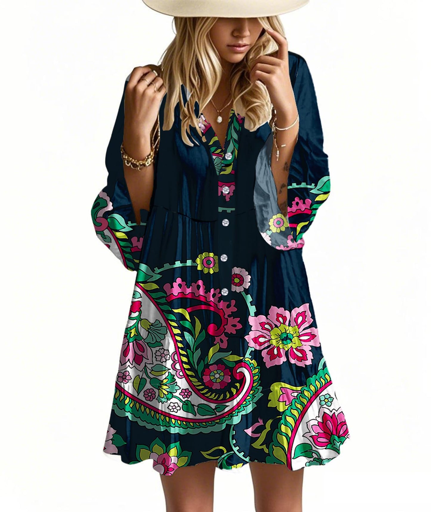 Opemiby Summer Dresses for Women 2026 Flowy Ruffle 3/4 Sleeve V Neck Tiered Casual Babydoll Boho Beach Mini Dress