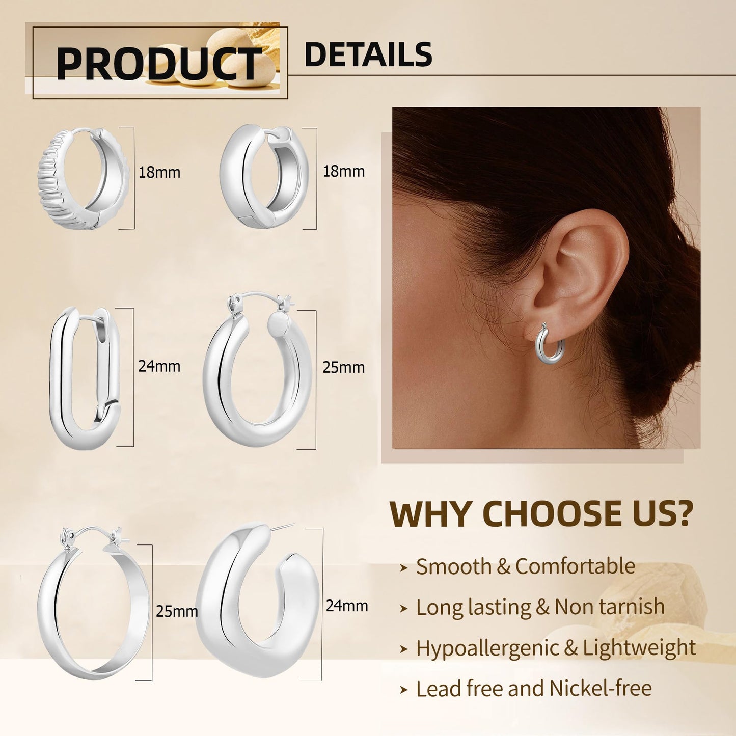 ALLHOLA 6 Pairs 14K Gold Plated Hoop Earrings for Women Trendy Chunky Lightweight Hoop Earrings Multipack Hypoallergenic, Thick Twisted Huggie Hoops Earring Set Jewelry for Gifts