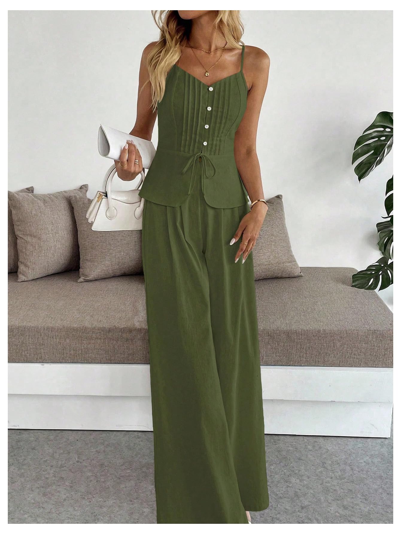 SOLY HUX Women's 2 Piece Summer Outfit Button Down Peplum Cami Top and Wide Leg Pants Set