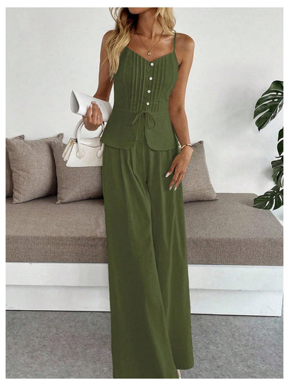 SOLY HUX Women's 2 Piece Summer Outfit Button Down Peplum Cami Top and Wide Leg Pants Set