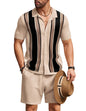 COOFANDY Men's 2 Piece Outfit Vintage Short Sleeve Button Down Knit Polo Shirts Casual Beach Shorts Sets