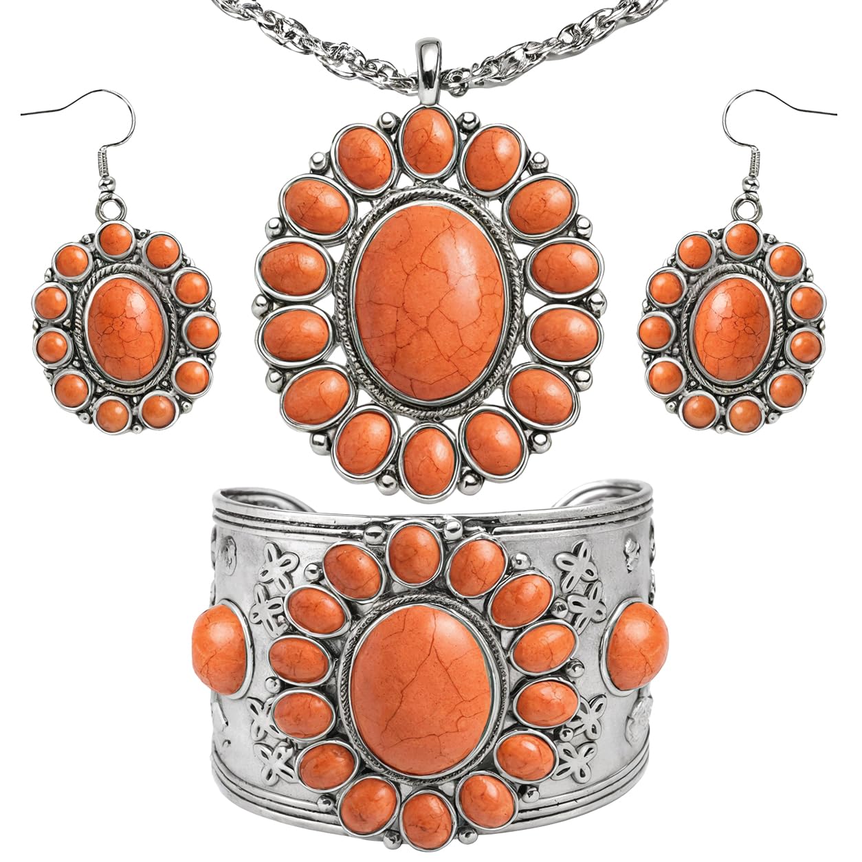 Shop LC Howlite Western Jewelry Set for Women Boho Cowgirl | 3-Piece Necklace Bracelet Earrings, Turquoise-Inspired, Chunky Statement, Southwestern