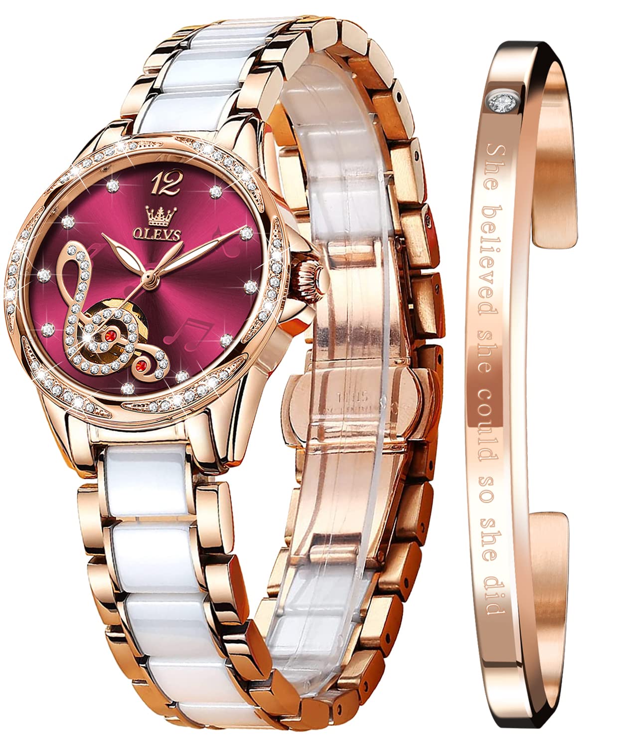 OLEVS Automatic Watches for Women Rose Gold Fashion Diamond Dress Ladies Wrist Watch Self Winding Mechanical Two Tone Ceramic Band Waterproof