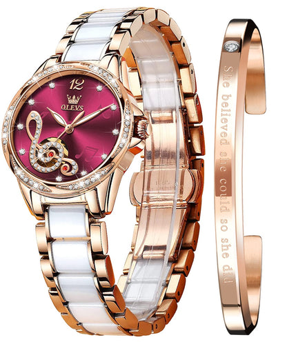 OLEVS Automatic Watches for Women Rose Gold Fashion Diamond Dress Ladies Wrist Watch Self Winding Mechanical Two Tone Ceramic Band Waterproof