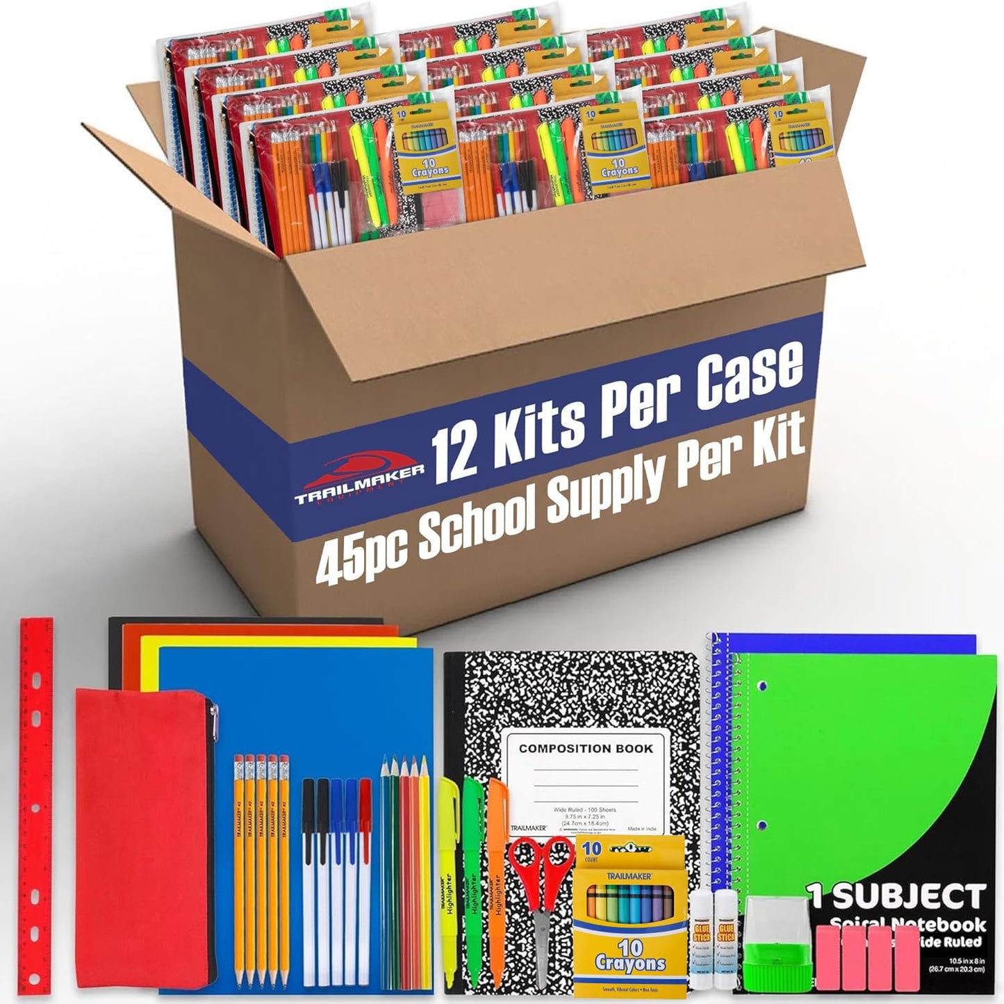 Trail maker School Supplies Kit 45 Piece School Supply Kit Grades K-12 – Back to School Essentials Includes Folders Notebooks Pencils Pens and Much More!