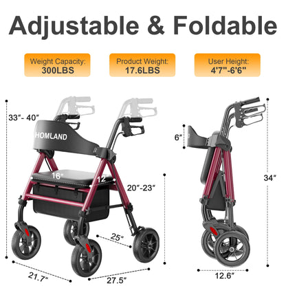 HOMLAND Walkers for Seniors with Seat, Foldable Rollator Walker, Reinforced Aluminum Frame, 8" Big Rubber Wheels for All Terrain, Height Adjustable Lightweight Rolling Walker
