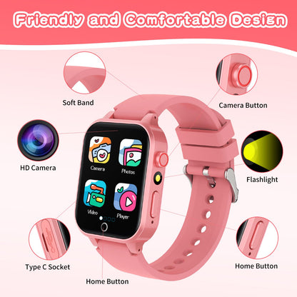 Kids Smart Watch Gift for Girls Age 5-12, 39 Games HD Touch Screen Watches with Video Camera Music Player Pedometer Flashlight 12/24 hr Educational Toys Birthday Gifts for Girls Ages 7 8 9 10