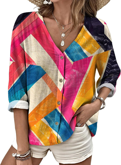 MARSVOVO V Neck Shirts for Women Lightweight Decorative Button 3/4 Sleeve Blouses Comfy Casual Business Flowy Top