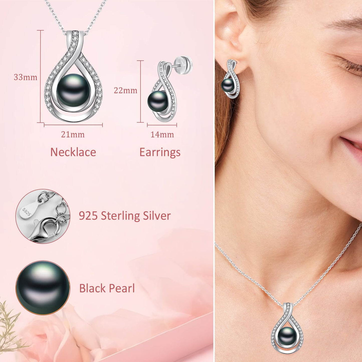 Infinity White Black Pearl Necklace and Earrings Set for Women Gifts for Mom Birthday Mothers Day AAA+ Handpicked Pearl 14K Gold/White Gold Plated Adjustable Jewelry