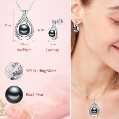Infinity White Black Pearl Necklace and Earrings Set for Women Gifts for Mom Birthday Mothers Day AAA+ Handpicked Pearl 14K Gold/White Gold Plated Adjustable Jewelry