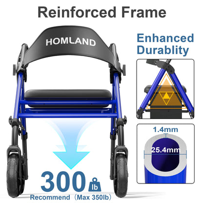 HOMLAND Walkers for Seniors with Seat, Foldable Rollator Walker, Reinforced Aluminum Frame, 8" Big Rubber Wheels for All Terrain, Height Adjustable Lightweight Rolling Walker