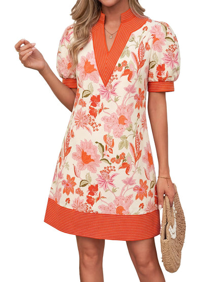 Wenrine Womens Summer V Neck Shift Dresses Casual Puff Short Sleeve Color Block Short Boho Beach Dresses with Pockets