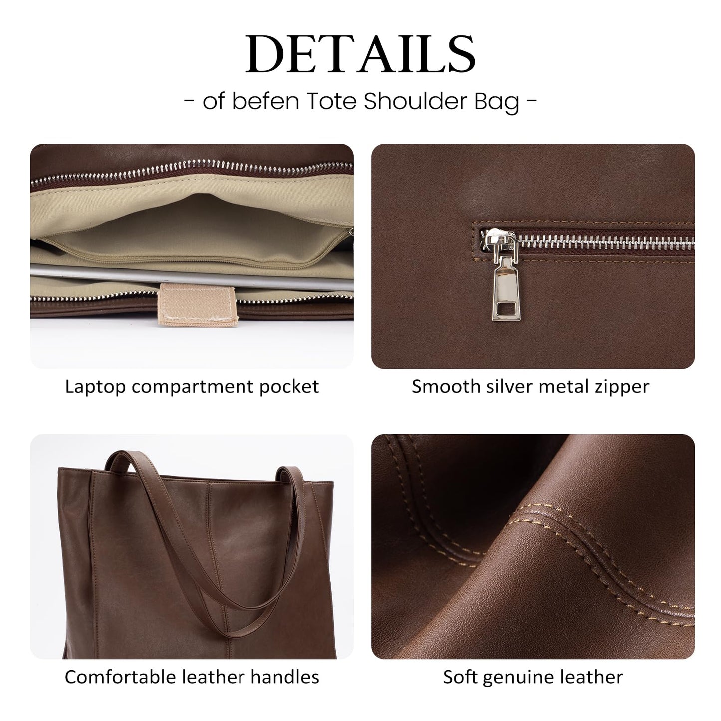 befen Genuine Leather Tote Bag for Women Work, Women's Leather Shoulder Bags Purses Satchel Handbags with Laptop Compartment
