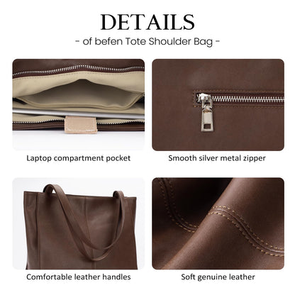 befen Genuine Leather Tote Bag for Women Work, Women's Leather Shoulder Bags Purses Satchel Handbags with Laptop Compartment