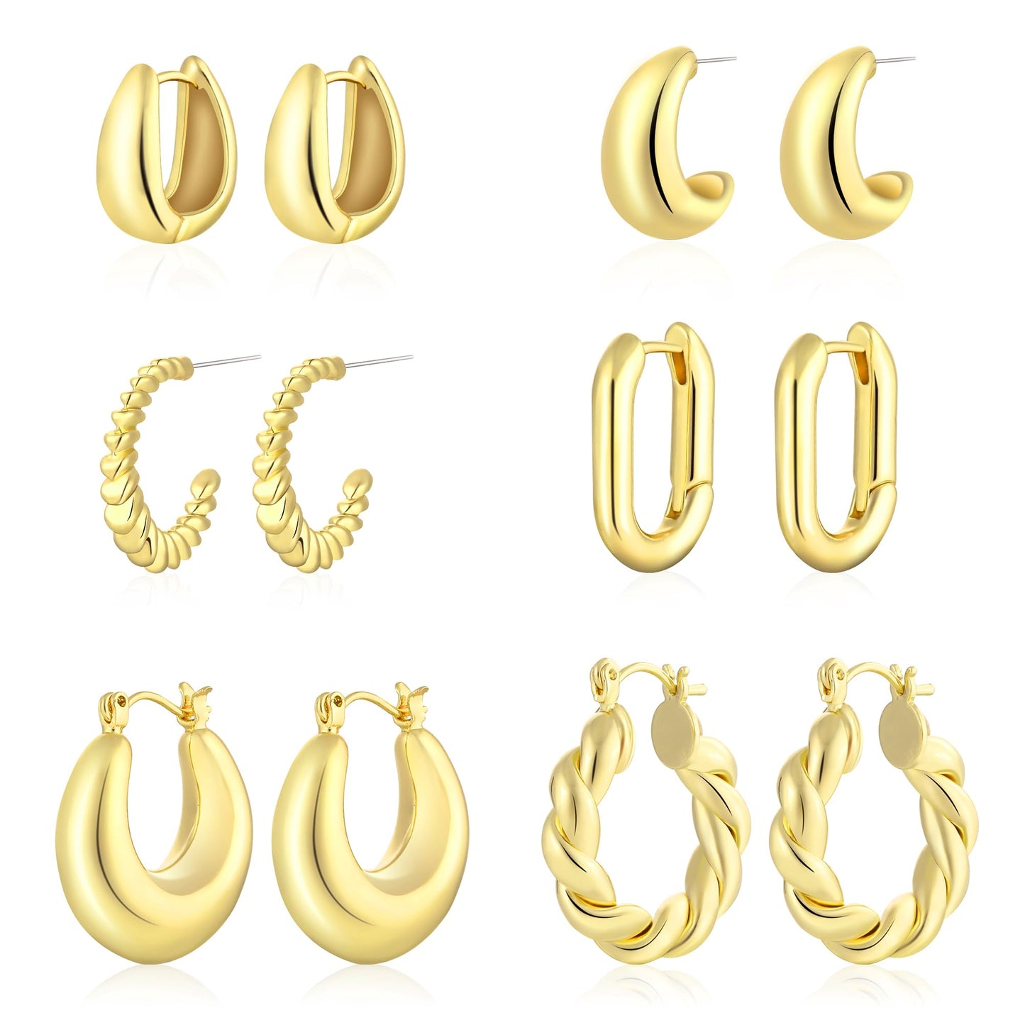 ALLHOLA 6 Pairs 14K Gold Plated Hoop Earrings for Women Trendy Chunky Lightweight Hoop Earrings Multipack Hypoallergenic, Thick Twisted Huggie Hoops Earring Set Jewelry for Gifts