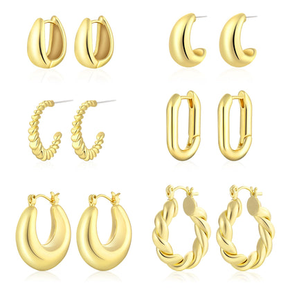 ALLHOLA 6 Pairs 14K Gold Plated Hoop Earrings for Women Trendy Chunky Lightweight Hoop Earrings Multipack Hypoallergenic, Thick Twisted Huggie Hoops Earring Set Jewelry for Gifts
