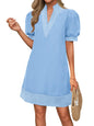 Wenrine Womens Summer V Neck Shift Dresses Casual Puff Short Sleeve Color Block Short Boho Beach Dresses with Pockets