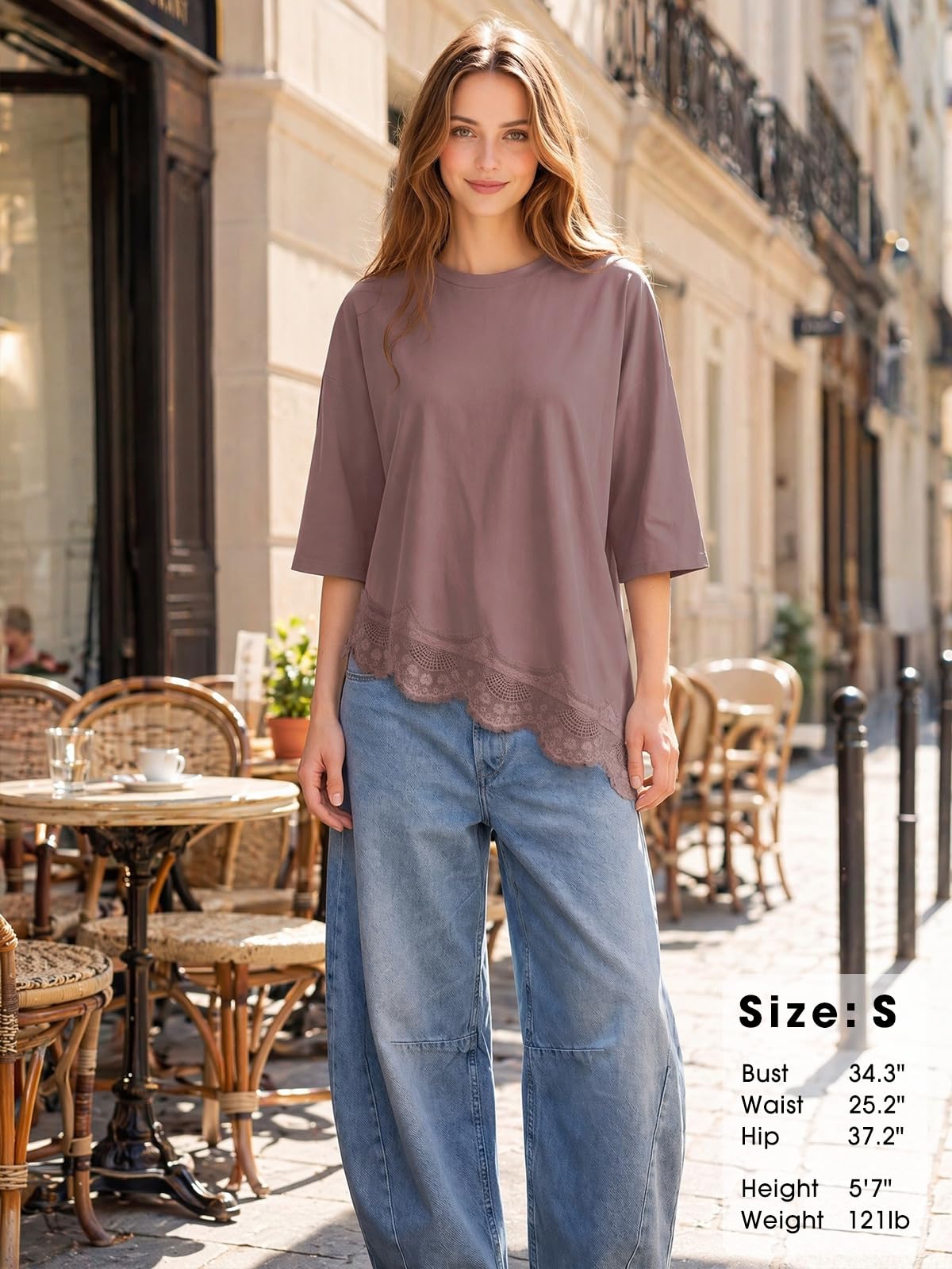 EXLURA Womens Summer Oversized Lace Trim T Shirts 2026 Casual Half Sleeve Asymmetrical Hem Tops Loose Crewneck Tunic Blouse