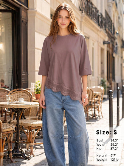 EXLURA Womens Summer Oversized Lace Trim T Shirts 2026 Casual Half Sleeve Asymmetrical Hem Tops Loose Crewneck Tunic Blouse