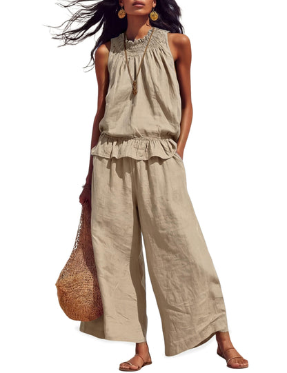 Tanming Women's Linen 2 Piece Outfits Sleeveless Ruffle Top Wide Leg Pants Summer Loungewear Beach Travel Sets