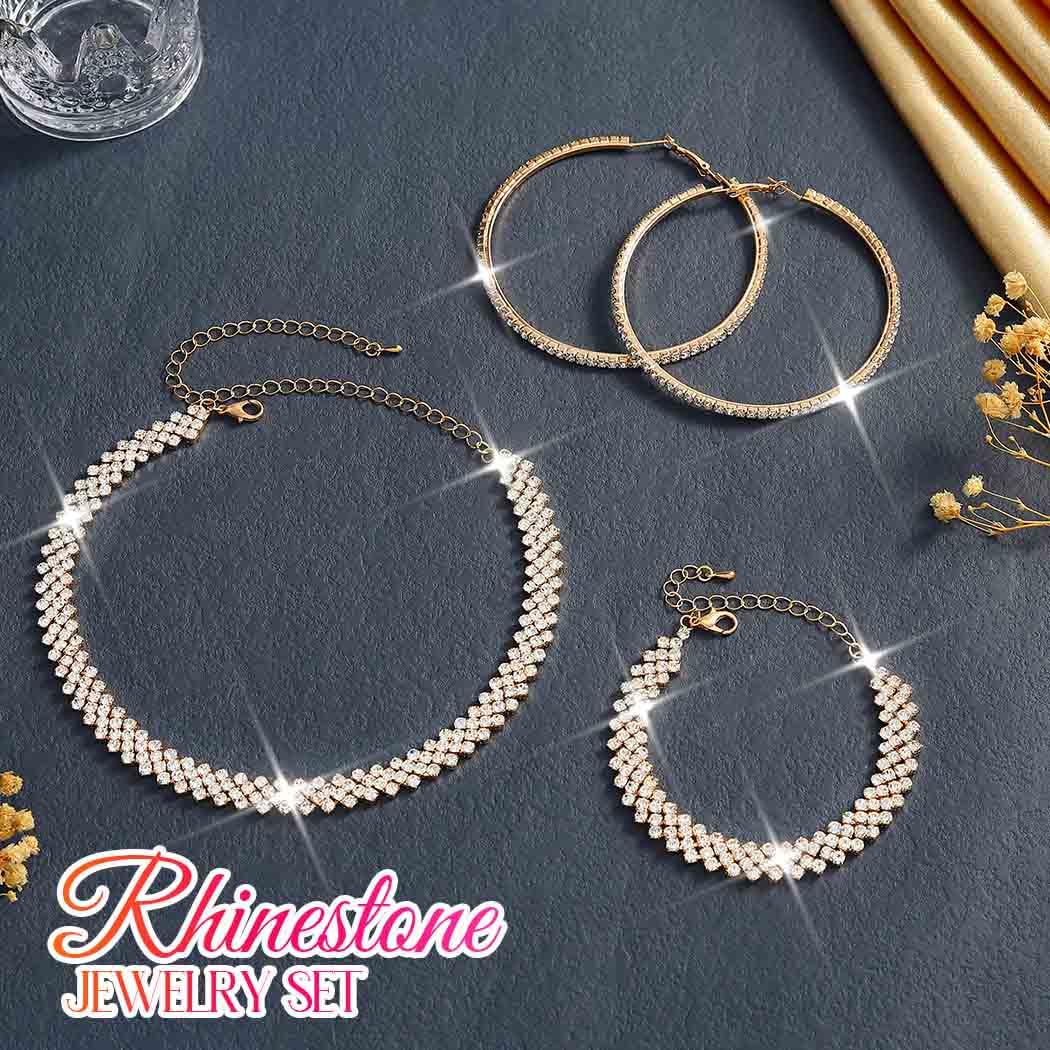 Unicra Black Jewelry Sets Rhinestone Necklace Hoop Earrings Bracelet Set Prom Formal Sparkly Costume Jewelry Sets for Women