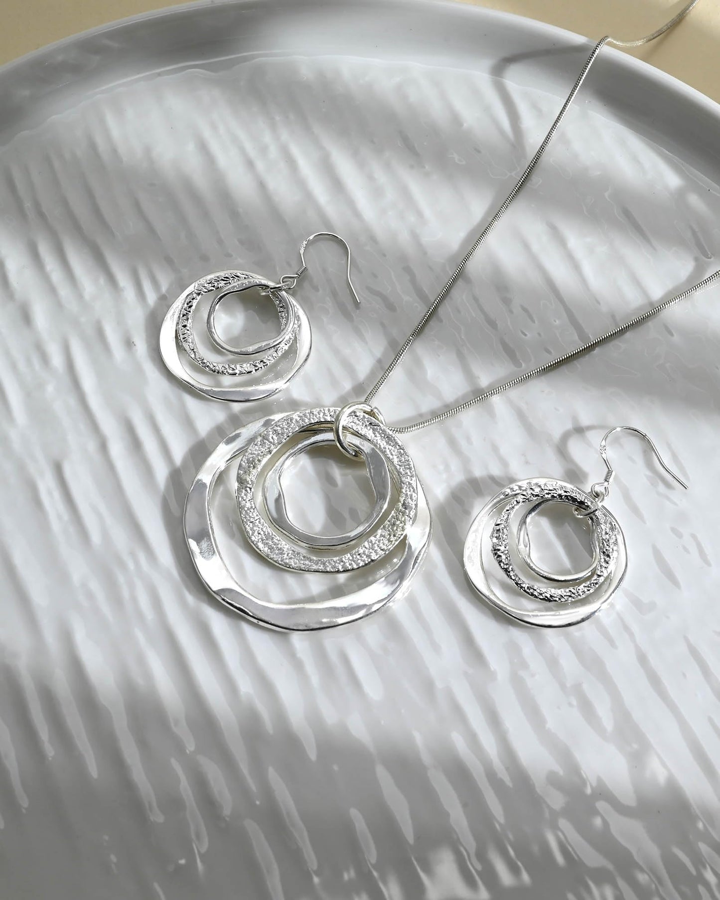 Hypoallergenic Silver Circle & Dangle Earrings and Necklace Set for Women Geometric Boho Style Hoop Jewelry for Women-Lightweight & Dangling-Gift for Bohemian Fashionistas