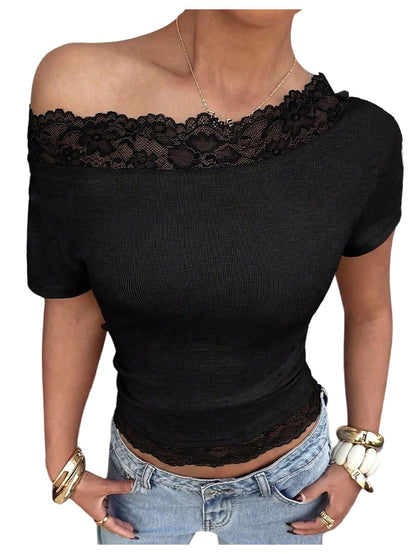 Verdusa Women's Y2K Lace Off The Shoulder Tops Cropped T Shirts Summer Chic Outfits