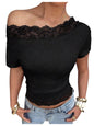 Verdusa Women's Y2K Lace Off The Shoulder Tops Cropped T Shirts Summer Chic Outfits