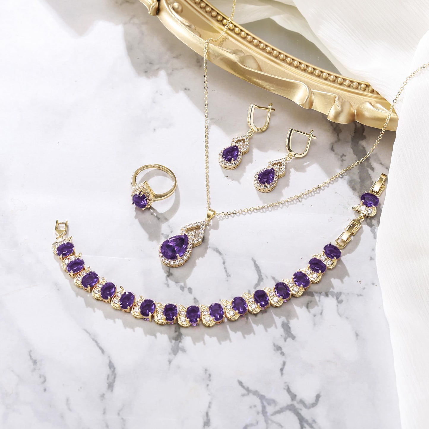 BriLove Wedding Jewelry Set for Women Bride Bridesmaid | Gorgeous Cubic Zirconia Teardrop Necklace Earrings Bracelet Adjustable Ring Jewelry Gift for Birthday/Anniversary