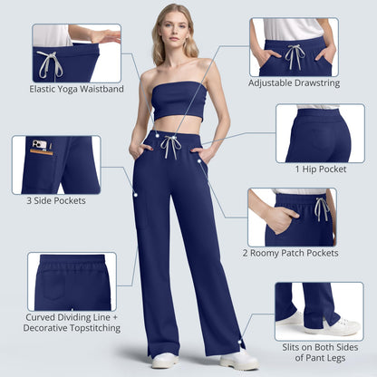 Scrubs for Women Set, Sleeveless 9-Pocket Straight Leg Yoga Waist | Stand-up collar top, straight leg pants side slits. Soft stretch knit. Yoga waist. Wrinkle-free. For nurses/docs/vets.