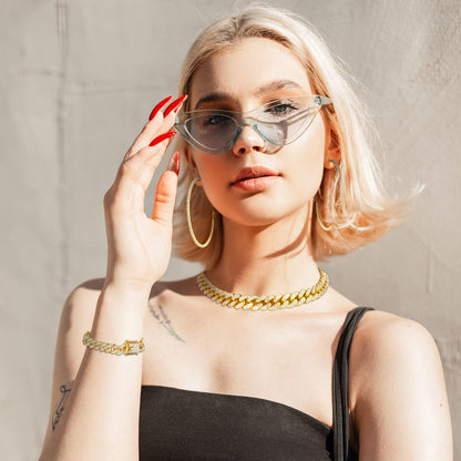 Batiyeer 3 Pcs Cuban Link Chain Necklace Bracelet Rhinestone Hoop Earrings Bling Crystal Hip Hop Jewelry for Women(18 Inch,Gold)