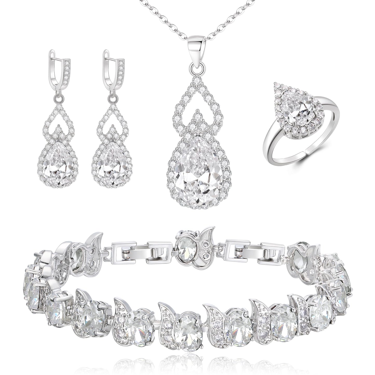 BriLove Wedding Jewelry Set for Women Bride Bridesmaid | Gorgeous Cubic Zirconia Teardrop Necklace Earrings Bracelet Adjustable Ring Jewelry Gift for Birthday/Anniversary