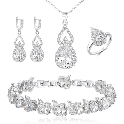 BriLove Wedding Jewelry Set for Women Bride Bridesmaid | Gorgeous Cubic Zirconia Teardrop Necklace Earrings Bracelet Adjustable Ring Jewelry Gift for Birthday/Anniversary