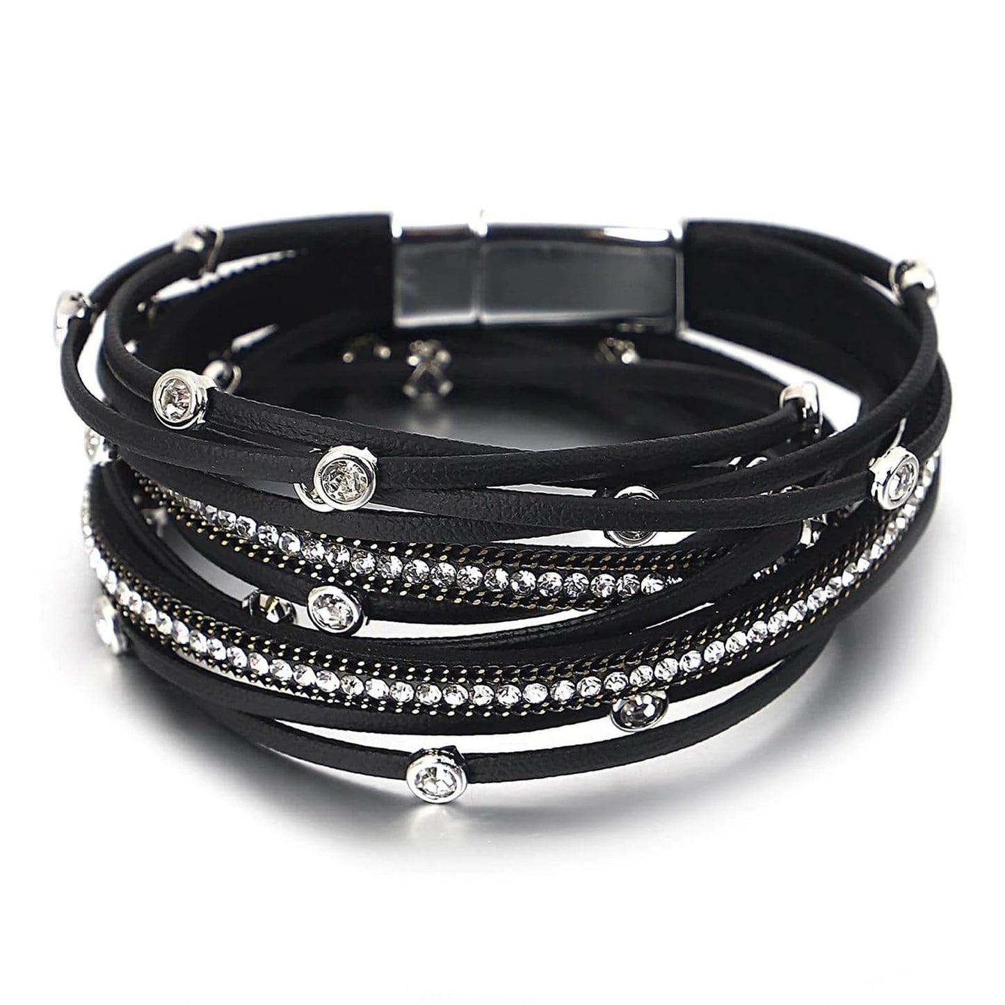 Fesciory Leopard Bracelet for Women, Boho Leather Wrap Multi-Layer Pearl Crystal Bracelet Bangle Jewelry