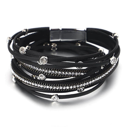 Fesciory Leopard Bracelet for Women, Boho Leather Wrap Multi-Layer Pearl Crystal Bracelet Bangle Jewelry