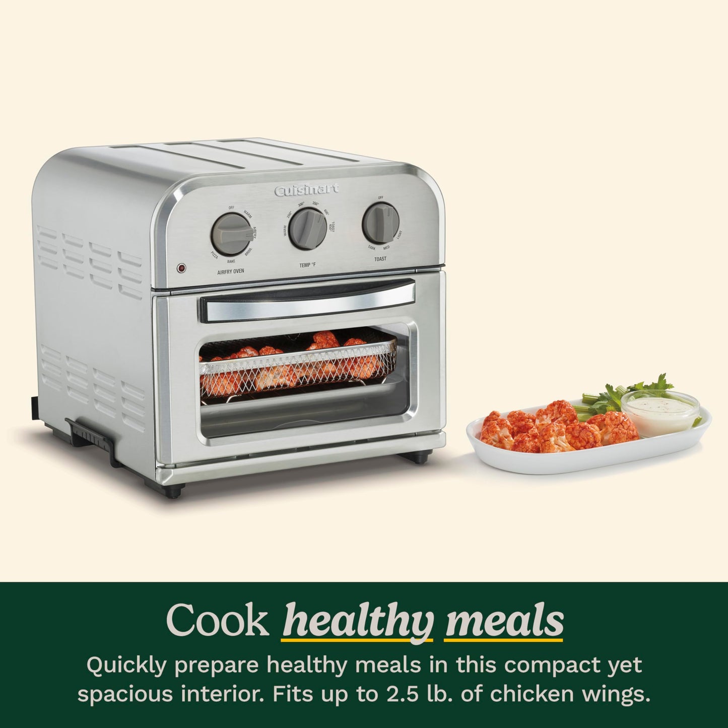 Cuisinart Compact Air Fryer Toaster Oven, Stainless Steel Fryer with 6-in-1 Functions, Adjustable Temperature, Includes Oven Rack, Baking Pan and Air Fry Basket, TOA-26