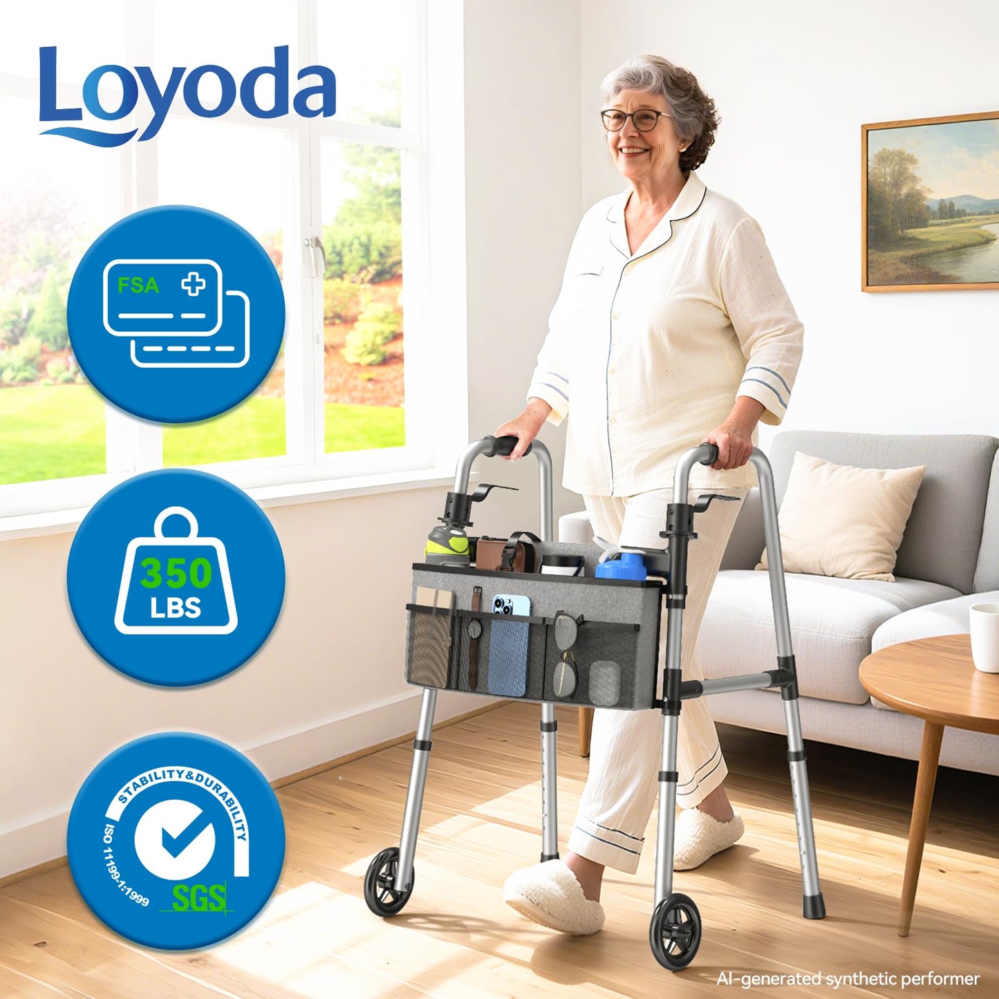 Loyoda Folding Walker with 2 Skis and 5" Wheels, Lightweight Walkers for Seniors and Adults, Supports Up to 350 Pounds, Adjustable Height, Compact Standard Walker, Black