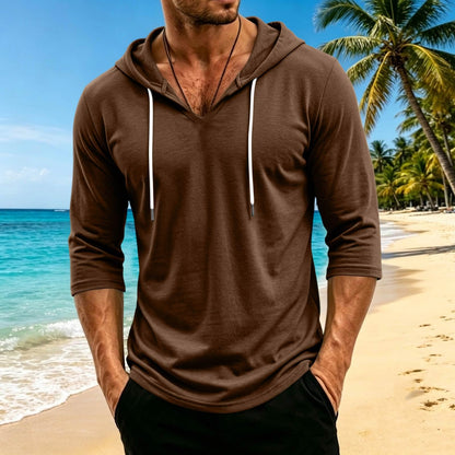 Mens Hooded 3/4 Sleeve Pullover Relaxed Fit Casual Lightweight Comfort Top