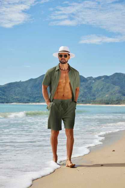 COOFANDY Men's 2 Piece Outfit Casual Short Sleeve Button Down Shirt and Beach Shorts Set Summer Vacation Outfits for Men