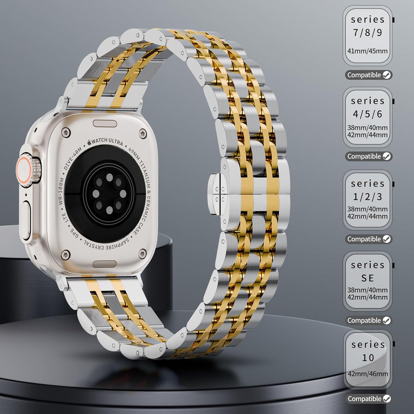 Seven Band Solid Stainless Steel for Apple Watch for Women | Compatible with Apple Watch Band 42mm/41mm/40mm/38mm, Metal Strap for Iwatch Series 11-1/SE 1-3 Women and Men, Gold Silver.