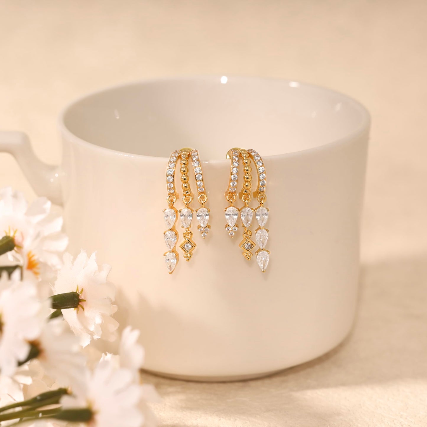 Gold Dangle Earrings for Women,Dainty 14K Gold Plated Triple Huggie Hoop Earrings Cute Statement Drop Earrings for Women Trendy Hypoallergenic CZ Gold Earrings Non Tarnish Wedding Prom Jewelry